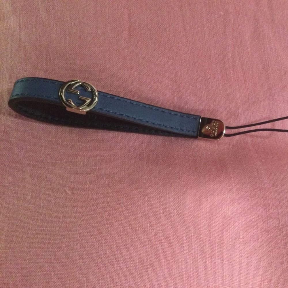 Gucci Gold/ Blue Leather Phone Strap Brand New